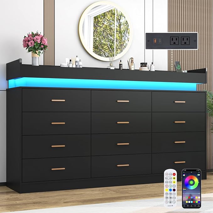 12 Drawer Dresser with LED Light and Charging Station, Wide Drawer Organizer by Hlivelood