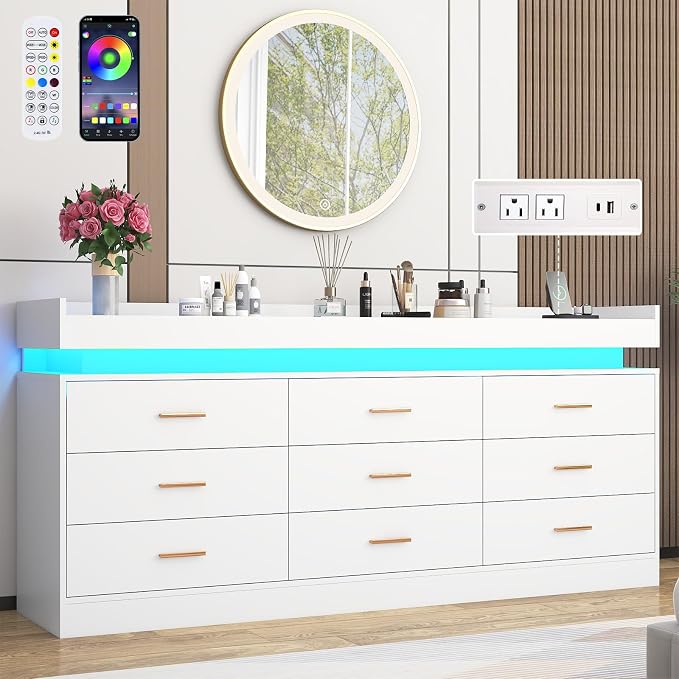 9 Drawer Dresser with LED Light and Charging Station, Wide Drawer Organizer by Hlivelood