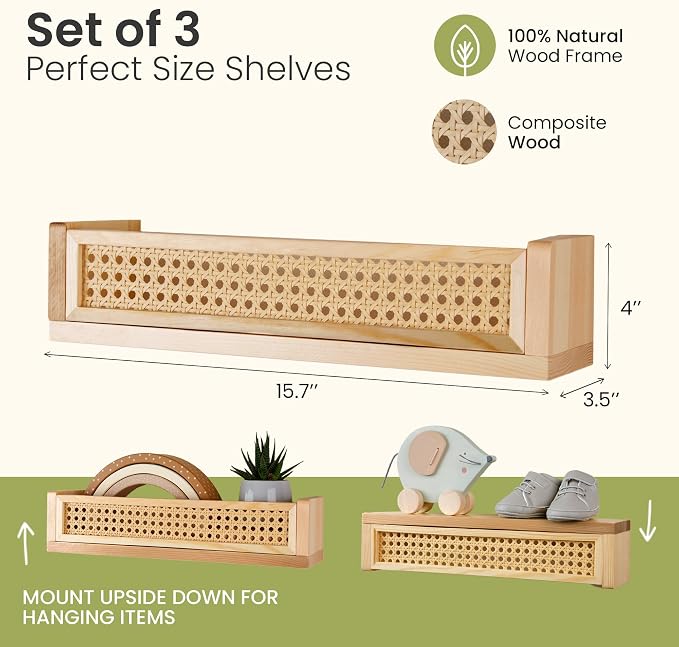 Rattan Wall Shelf – 3 Pack, 16 Inch Floating Shelves - Image 2