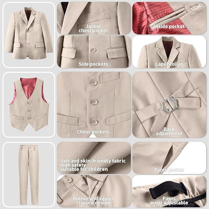 Boys Suit 4 Pcs Slim Fit Set Casual Suits Wedding Outfit Prom Jacket Vest Pant - Image 4