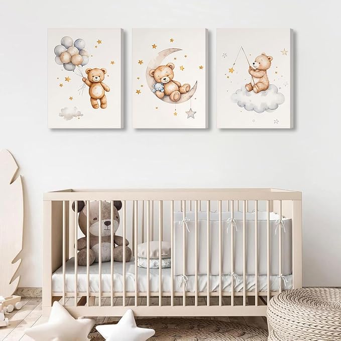 3 Pcs Framed Teddy Bear Nursery Canvas Wall Art Bear Sleeping on The Moon and - Image 5