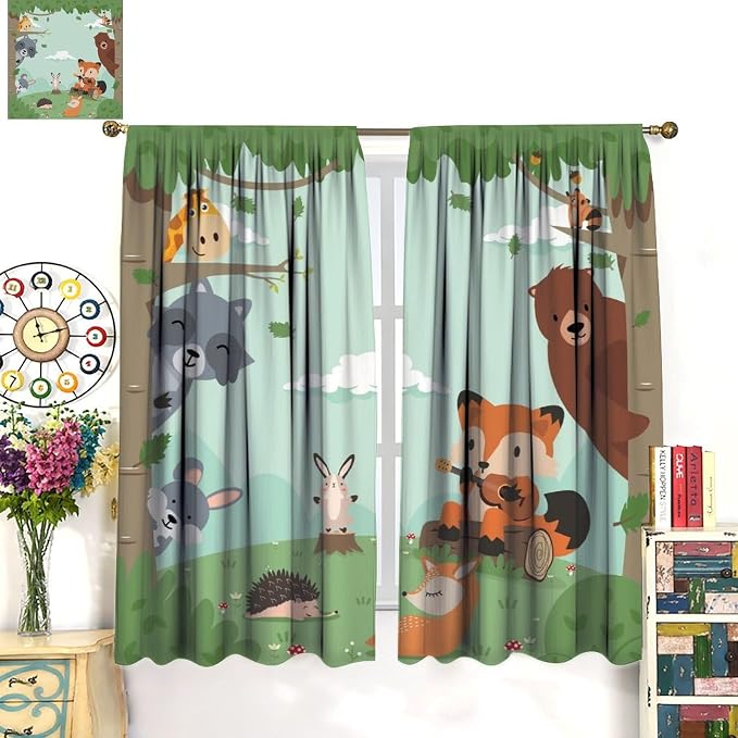Forest Animals Curtains Colorful Forest Cartoon Cute Fox Bear Giraffe - Image 3
