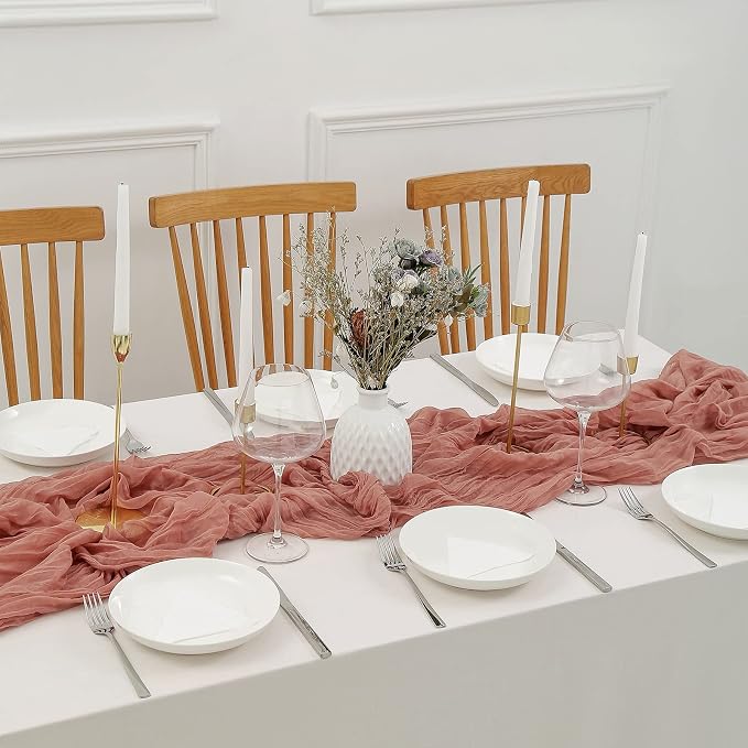 DOLOPL Boho Table Runner Dusty Blush Cheesecloth Table Runner 13.3ft Rustic - Image 4