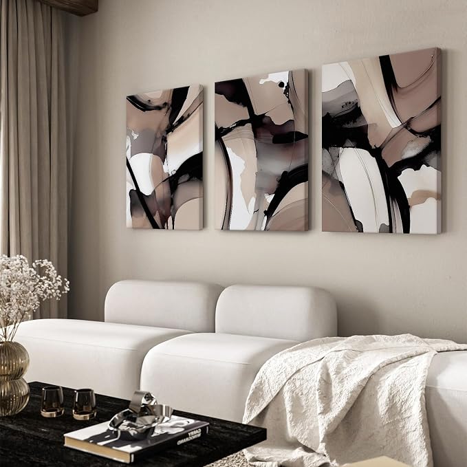 Black Beige Abstract Wall Art Brown Neutral Canvas Wall Decor Minimalist Art - Image 4