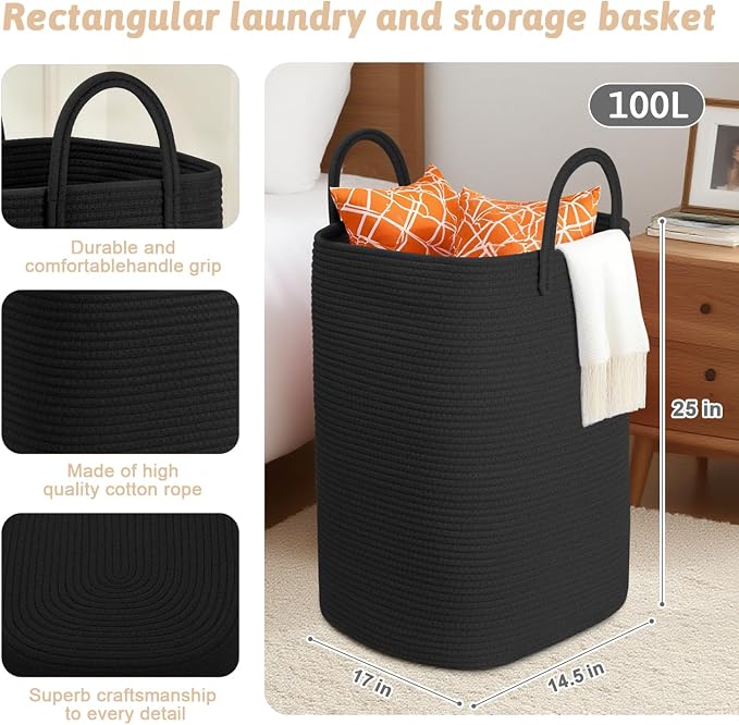 Laundry Basket, Woven Cotton Rope Laundry Hamper, 100L Versatile Storage - Image 2
