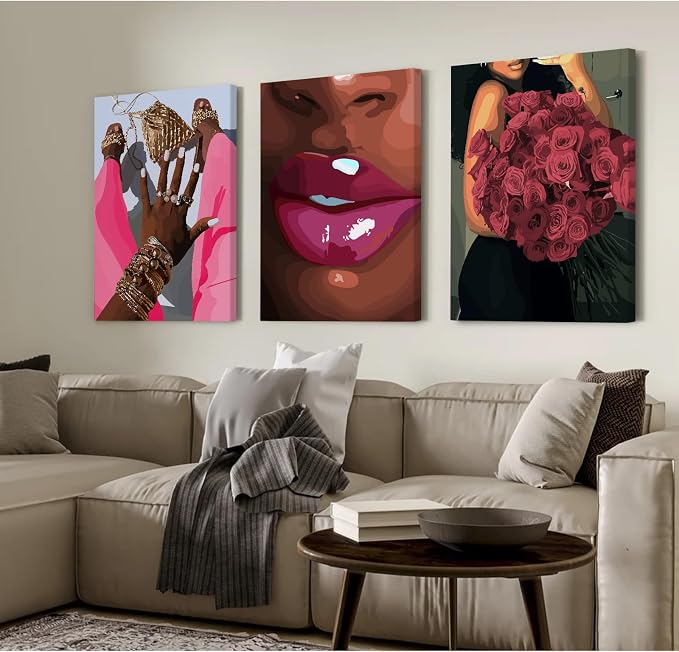Black Girl Wall Art African Woman Canvas Wall Decor Pink Black Women People Art - Image 3