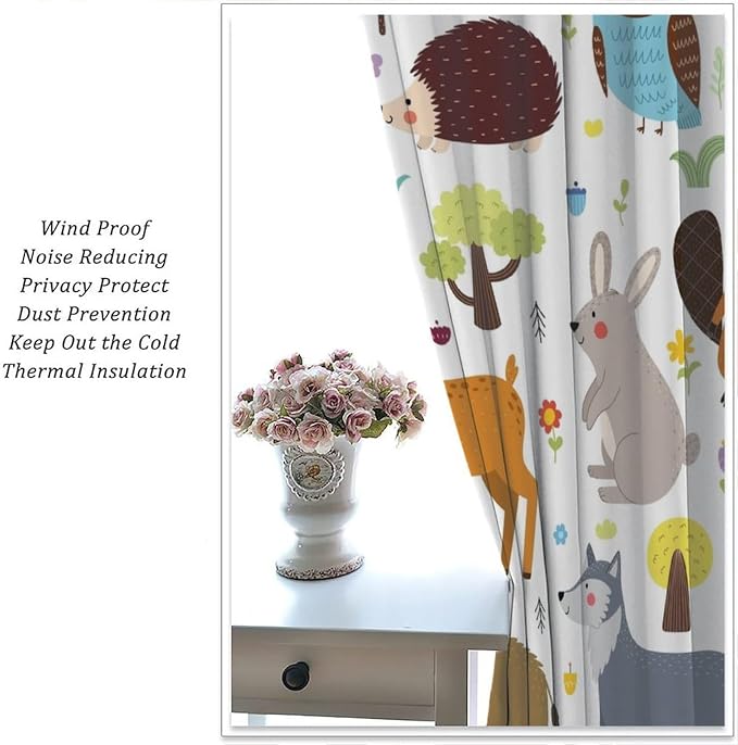 Forest Animals Kids Blackout Curtains Cartoon Cute Bear Deer Squirrel Owl - Image 2