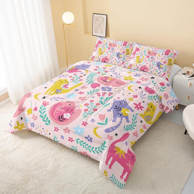 QOOMO Floral Cat Comforter King Size, Down Alternative, Soft and Lightweight - Image 3