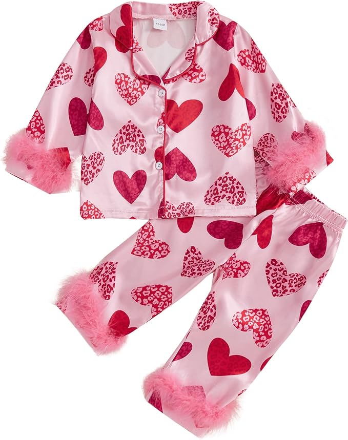 fyclemt Toddler Baby Girl Satin Pajama Set Feather Trim Long Sleeve Button by Unknown