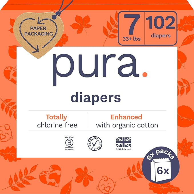 Pura Size 7 Eco-Friendly Diapers Hypoallergenic, Soft Organic Cotton, by MyPura