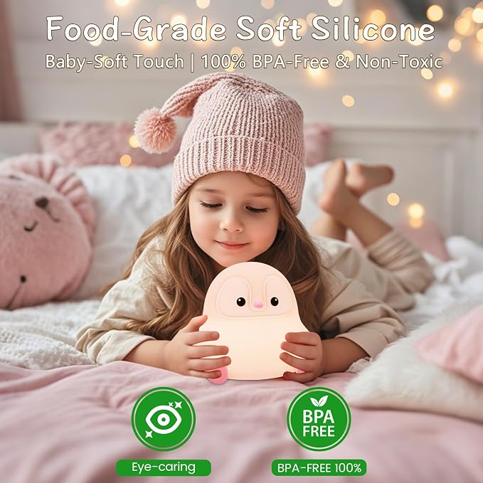Penguin Night Light for Kids, Cute Pink Penguin Touch Lamp, Soft Silicone - Image 4