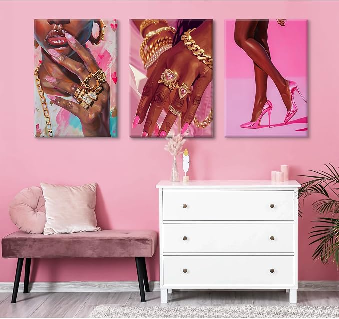 Black Girl Wall Art Pink African Woman Canvas Wall Decor Black Women People Art - Image 5