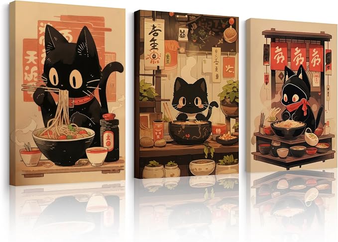 Pouydmi Japanese Cat Wall Art Black Cat Poster Eating Ramen Canvas Wall Decor by Unknown