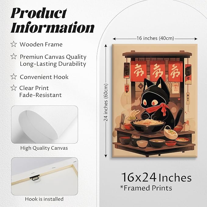 Pouydmi Japanese Cat Wall Art Black Cat Poster Eating Ramen Canvas Wall Decor - Image 2