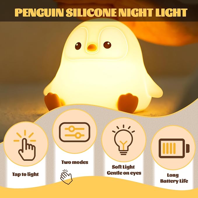Penguin Nursery Night Light, LED Squishy Silicone Lamp, 2 Levels Dimmable - Image 3