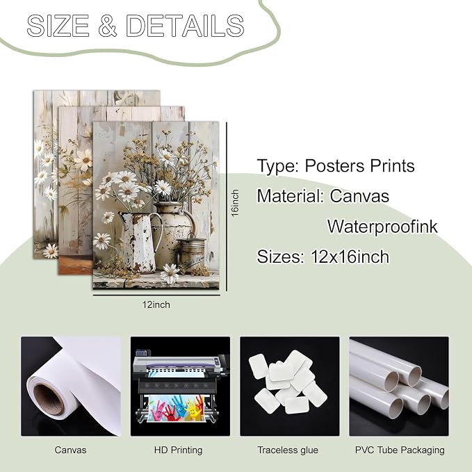 Daisy Bathroom Canvas Wall Art Set of 3, Vintage Rustic Farmhouse Wall Decor - Image 4
