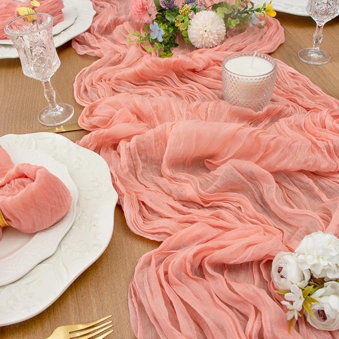 FEXIA Pink Cheesecloth Table Runner Spring Easter Table Runner 35x120 Inches - Image 6