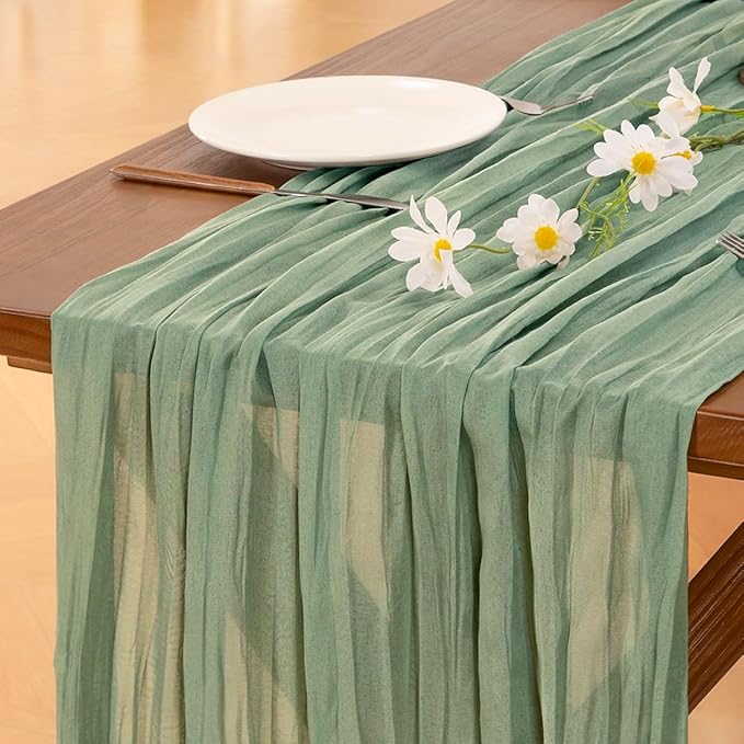 Socomi Sage Green Table Runner Spring Easter Cheesecloth Table Runner 170 inch - Image 3