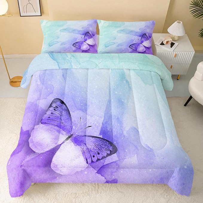 QOOMO Butterfly Comforter Twin Size, Watercolor Butterfly Kids Bedding Set - Image 2
