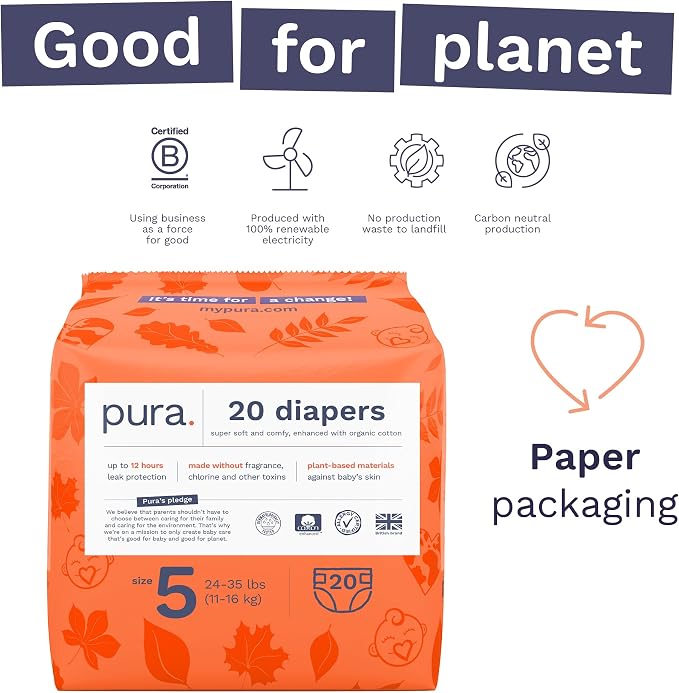 Pura Size 5 Eco-Friendly Diapers Totally Chlorine Free Hypoallergenic, Soft - Image 4