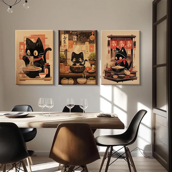 Pouydmi Japanese Cat Wall Art Black Cat Poster Eating Ramen Canvas Wall Decor - Image 5
