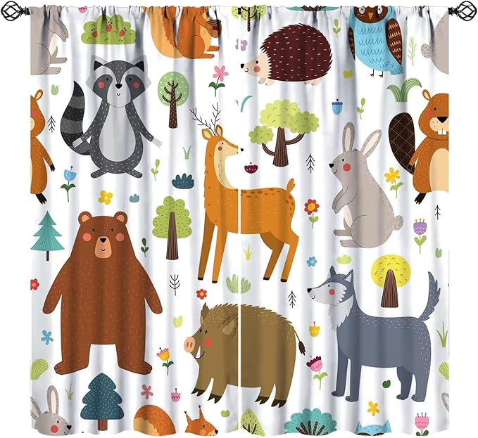 Forest Animals Kids Blackout Curtains Cartoon Cute Bear Deer Squirrel Owl by JADERYS