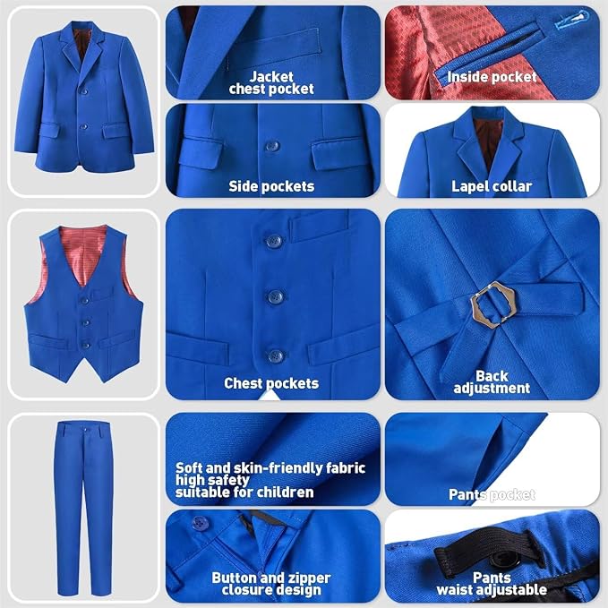 Boys Suit 4 Pcs Slim Fit Set Casual Suits Wedding Outfit Prom Jacket Vest Pant - Image 4