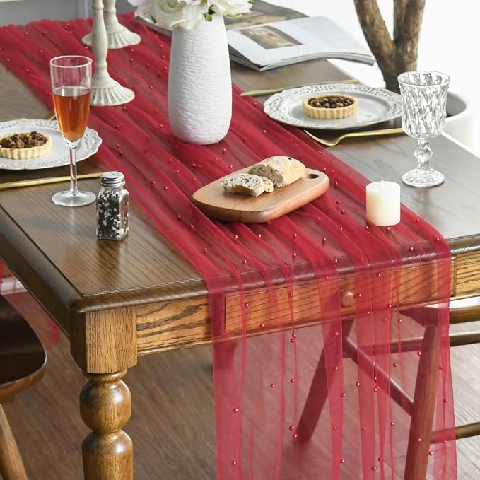 Artoid Mode Pearl Red Gauze Table Runner 59x120 Inch, Seasonal Sheer Kitchen - Image 3