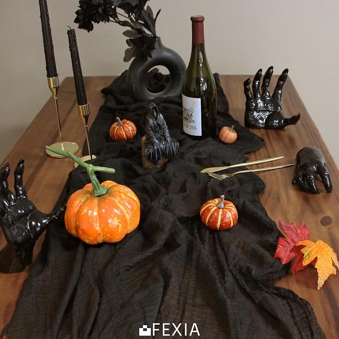 FEXIA Black Table Runner Cheesecloth 30x118 Inches Halloween Table Decor Rustic - Image 4