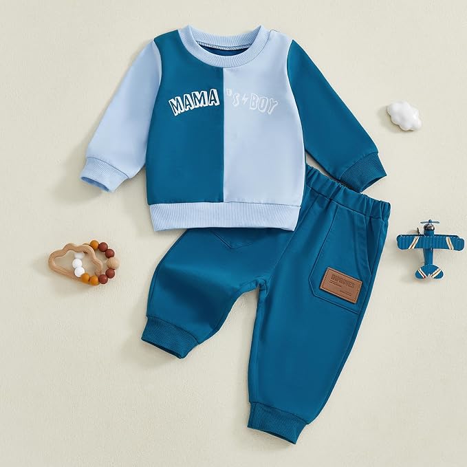 Baby Boy Fall Outfits Mama's Boy Letter Print Color Block Sweatshirt And Pants - Image 3