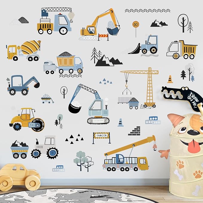 decalmile Construction Vehicles Wall Stickers Trucks Tractor Excavator Crane - Image 3
