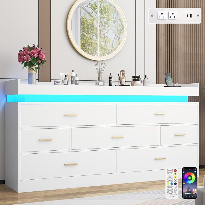 7 Drawer Dresser with LED Light and Charging Station, Wide Drawer Organizer by Hlivelood