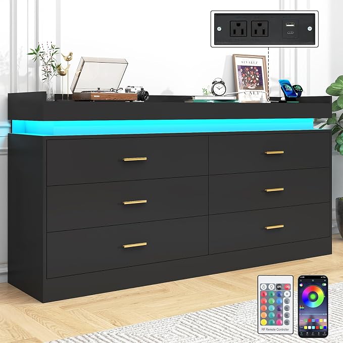6 Drawer Dresser with LED Light and Charging Station, Wide Drawer Organizer by Hlivelood