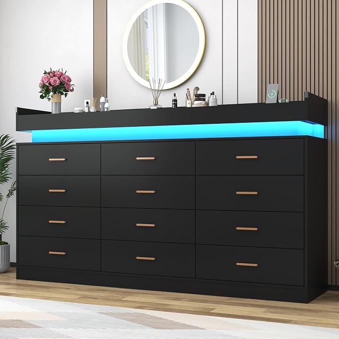 12 Drawer Dresser with LED Light and Charging Station, Wide Drawer Organizer - Image 3