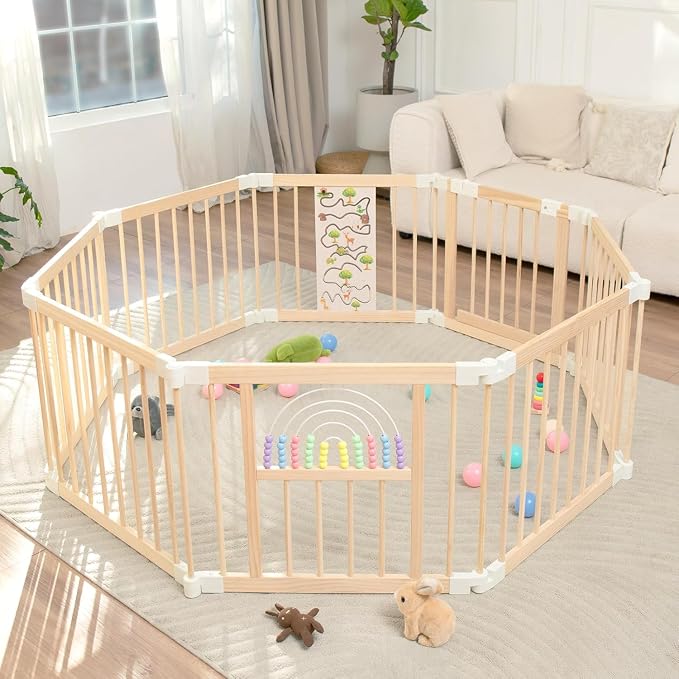 Foldable Wooden Baby Playpen Activity Center, Adjustable Size & Shape Portable by UInxiy