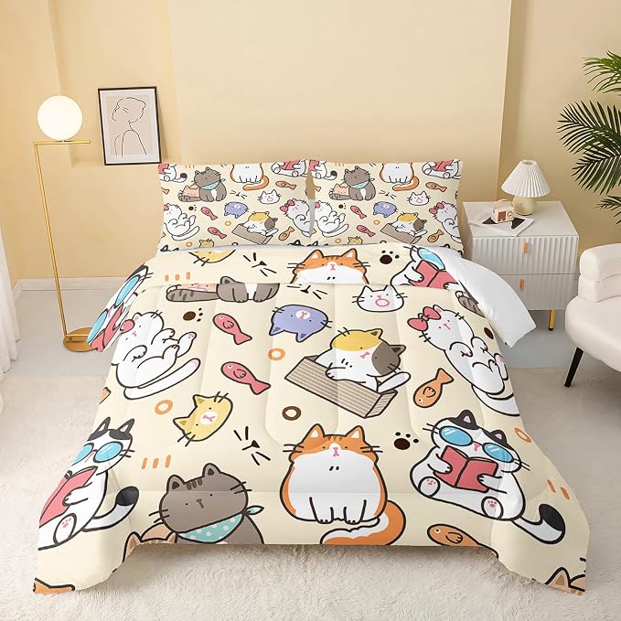 QOOMO Kawaii Cat Comforter Queen, Kawaii Animals Comforter Set by QOOMOHOME