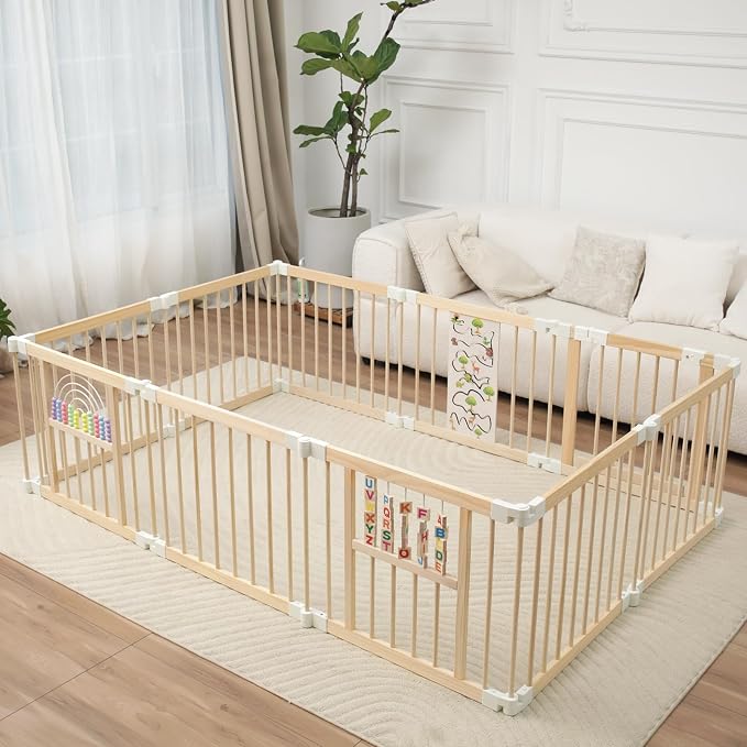 Foldable Wooden Baby Playpen Activity Center, Adjustable Size & Shape Portable by UInxiy
