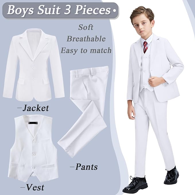 Boys' 3 Piece Suit Set with Suit Jacket, Formal Tuxedos Slim Fit Ring Bearer - Image 2
