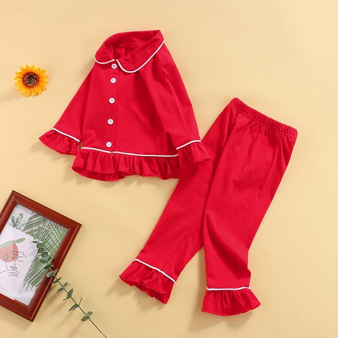 fhutpw Toddler Kids Baby Girl Pajamas Set Solid Color Ruffle Long Sleeve Button - Image 7