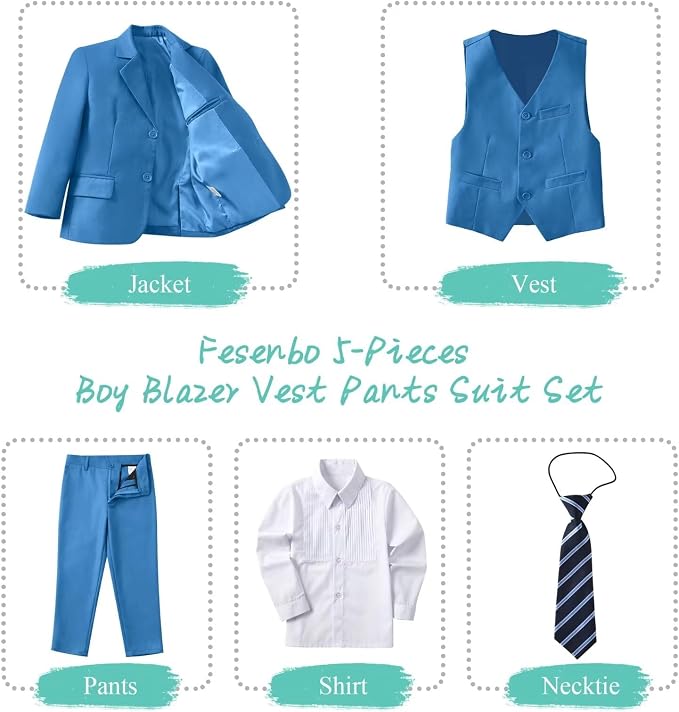 Boy's Suit Formal Slim Fit 5 Pieces Suit Set Blazer Vest Pants - Image 2