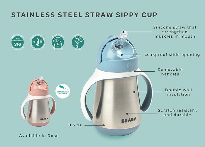 BEABA Stainless Steel Straw Sippy Cup, Insulated Toddler Cups Spill Proof - Image 9