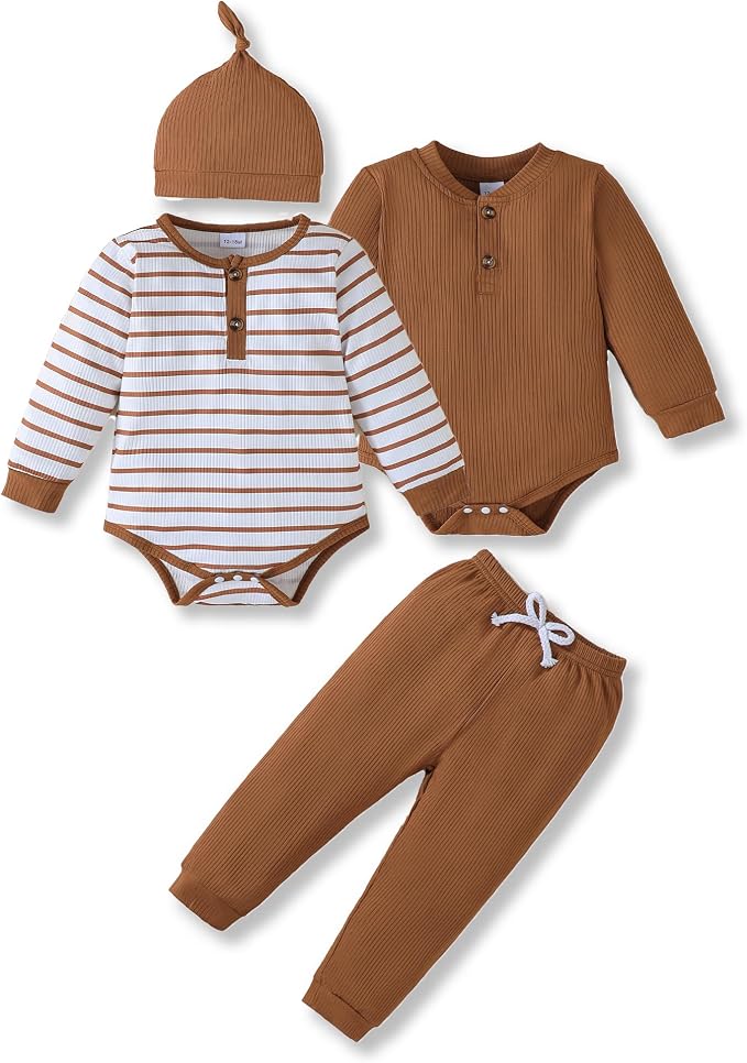 NZRVAWS Newborn Baby Boy Clothes Long Sleeve Romper Pant Set Hat 2-Pack Infant by NZRVAWS