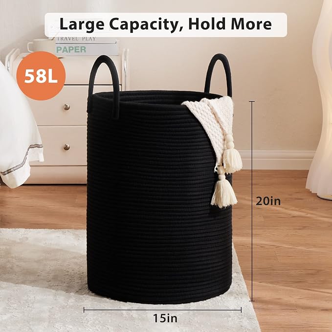 Woven Rope Laundry Basket, 58L Tall Laundry Hamper - Image 3