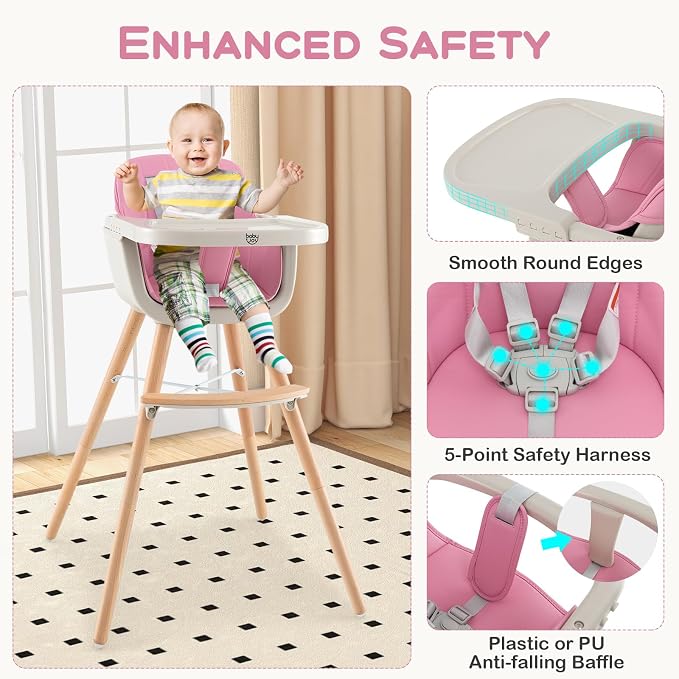 BABY JOY Convertible Baby High Chair, 3 in 1 Wooden Highchair/Booster/Chair - Image 4