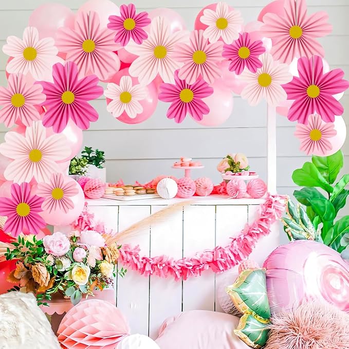YUNXUAN Pink Party Decorations Paper Fan Paper Flowers Decorations - Image 4