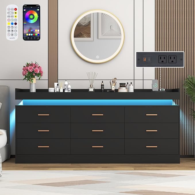 9 Drawer Dresser with LED Light and Charging Station, Wide Drawer Organizer - Image 3