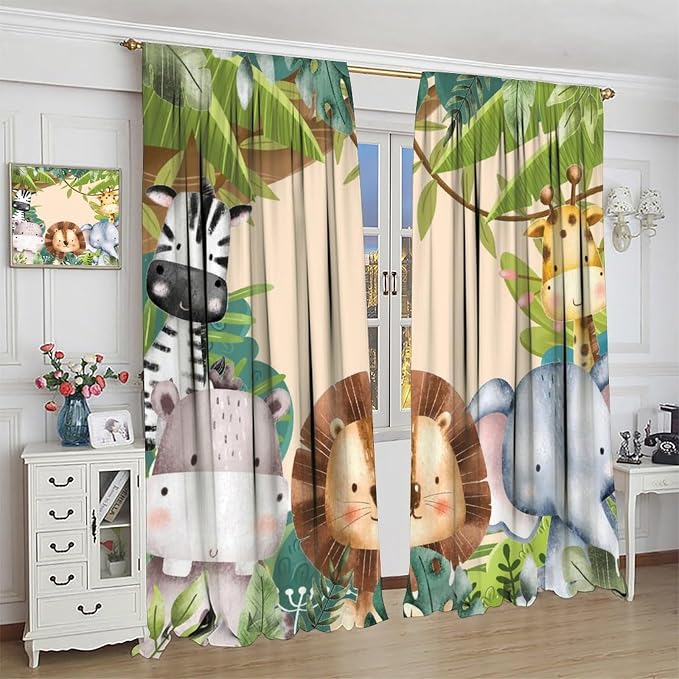 Jungle Animals Curtains Colorful Forest Cartoon Wildlife Lion Giraffe Elephant - Image 4