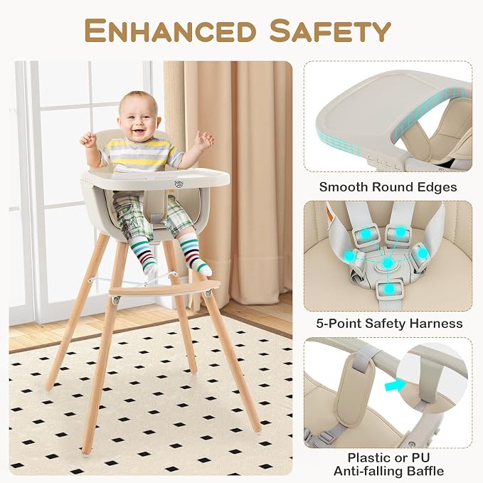 BABY JOY Convertible Baby High Chair, 3 in 1 Wooden Highchair/Booster/Chair - Image 4