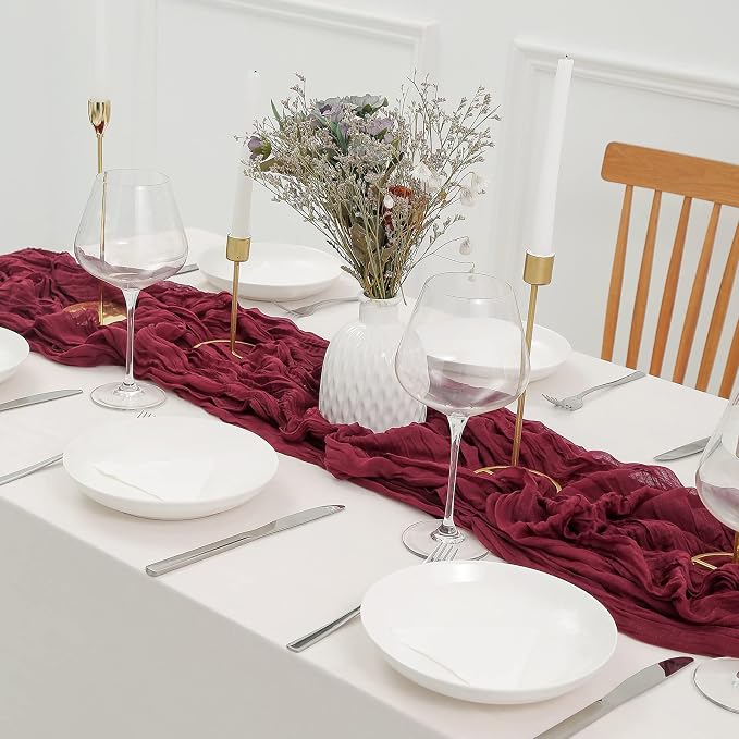 DOLOPL Christmas Table Runner Burgundy Cheesecloth Table Runner 13.3ft Boho - Image 5