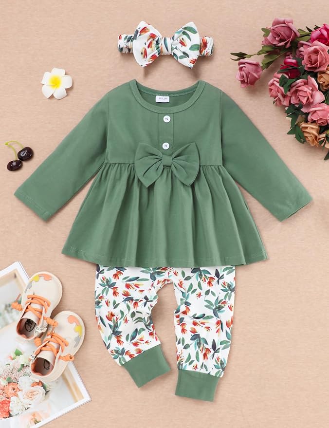 oklady Toddler Baby Girl Clothes Solid Color Ruffle Tops Floral Pants - Image 2